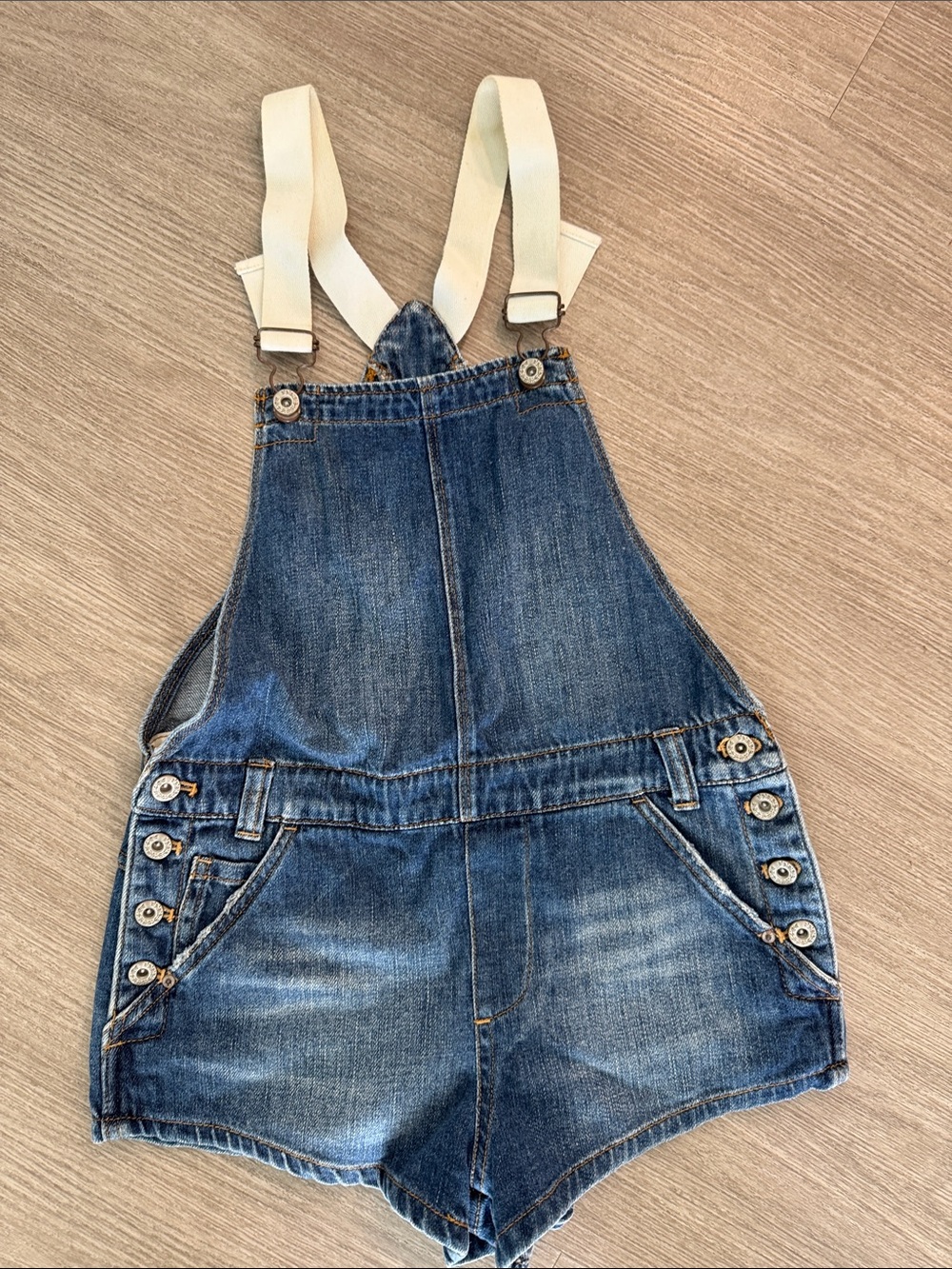 Women’s Free People Denim Short Overalls with Cream Straps -